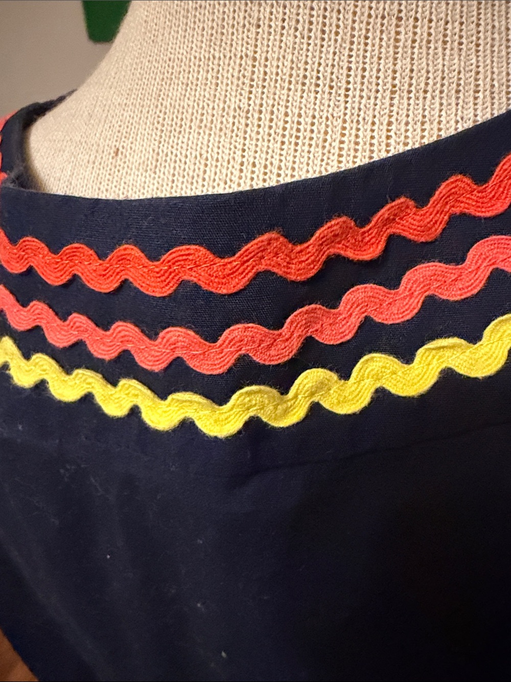Boden Navy Sleeveless V-Neck Mini Dress with Red, Yellow & Orange Rickrack - Picture 4 of 6